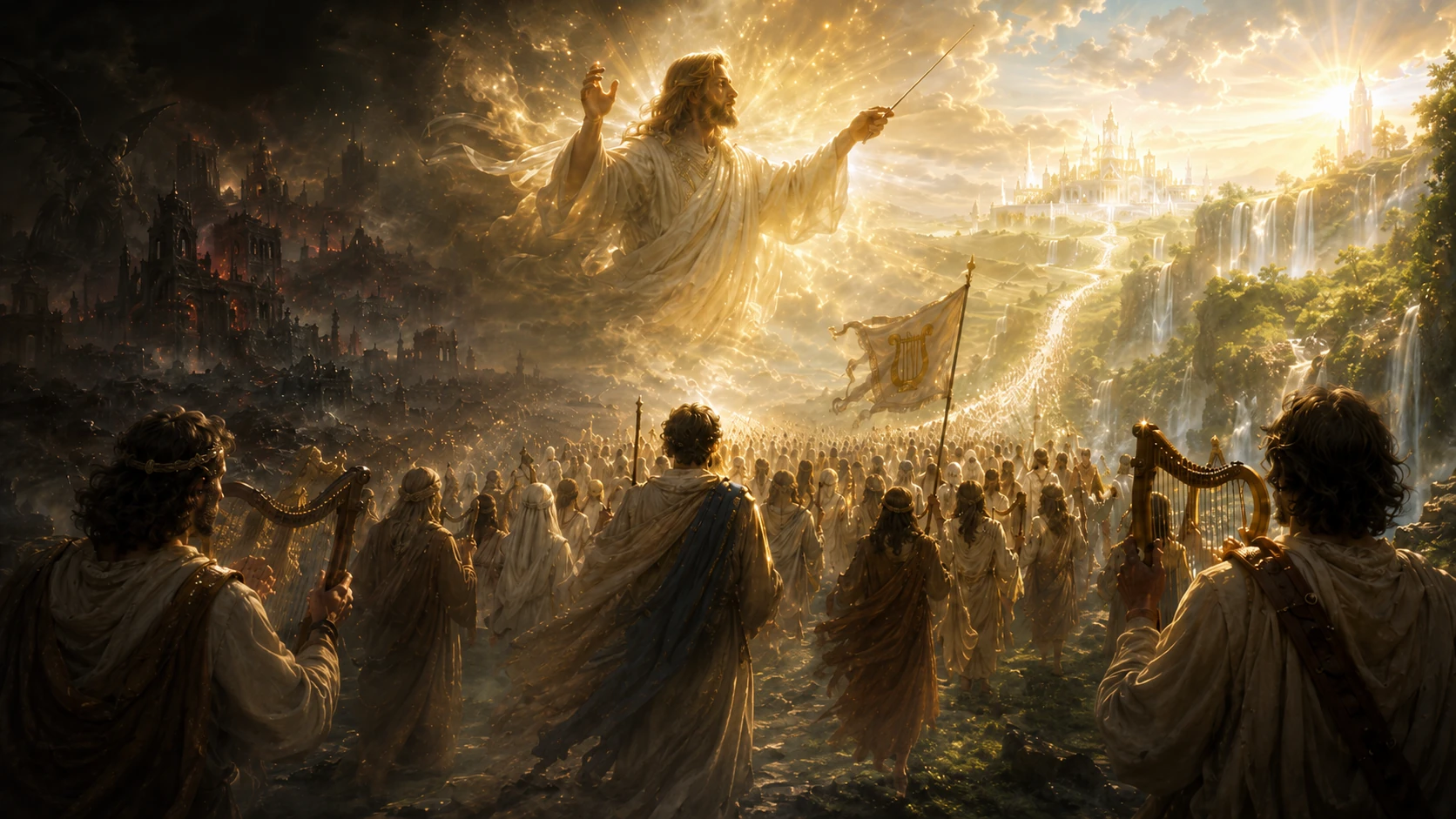 A majestic scene depicting a divine figure, resembling a benevolent leader, emerging from clouds with outstretched arms. Below, a large gathering of people dressed in white robes is seen, some holding harps and a flag. They are in a landscape filled with waterfalls and a distant shining city atop a hill. The sky is illuminated with golden light.