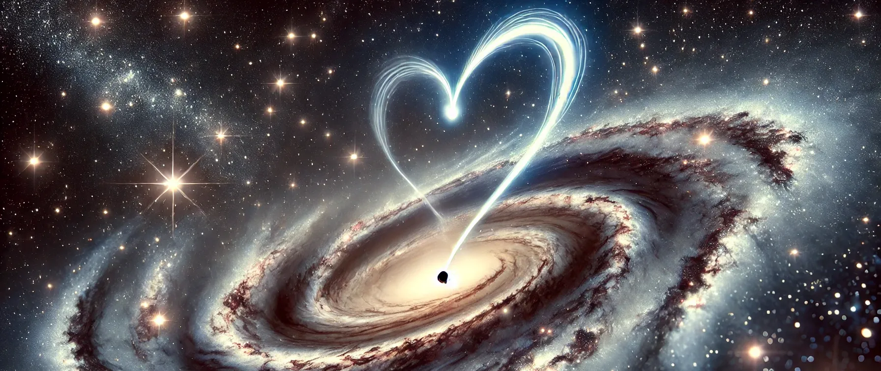 A cosmic scene showing a distant galaxy with swirling arms of stars and dust, punctuated by a brightly glowing heart-shaped trail of light, near a black hole, set against a backdrop filled with numerous stars and smaller celestial bodies.