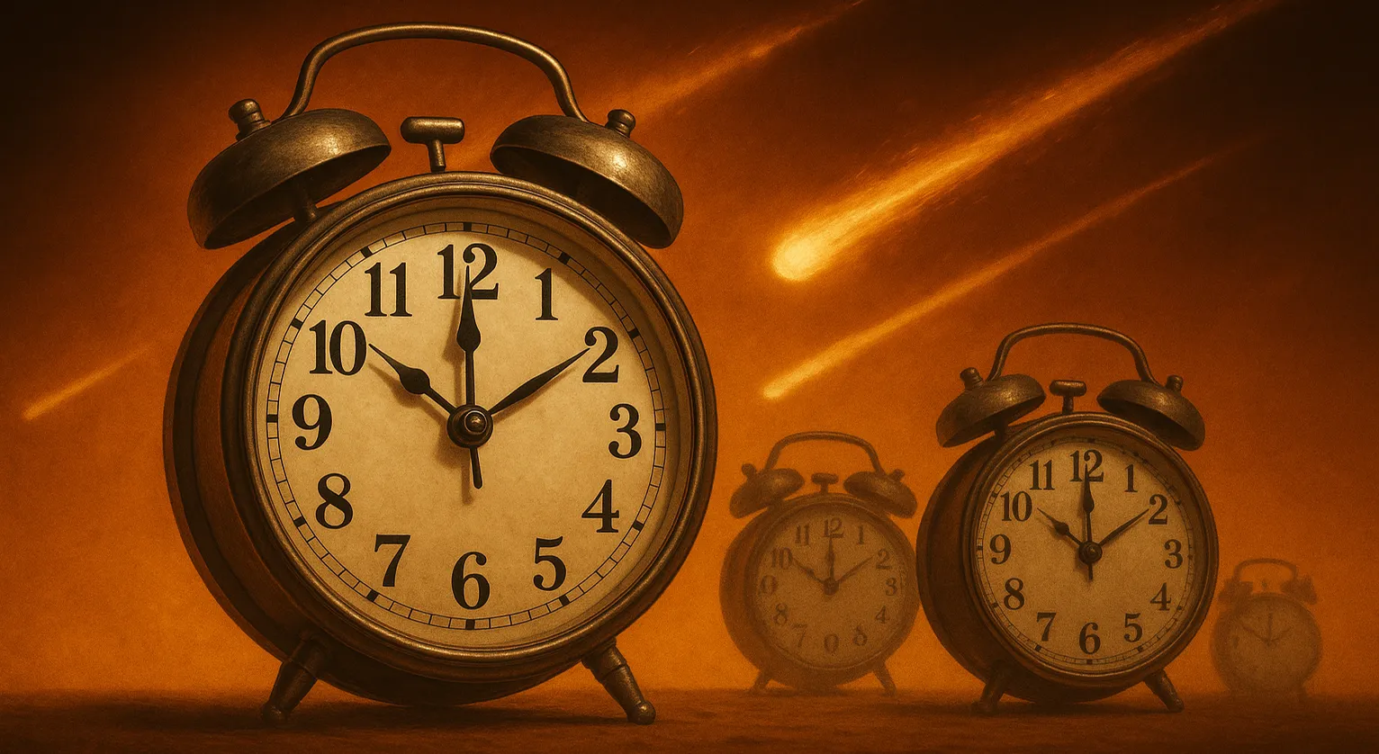 A series of vintage alarm clocks with large, prominent faces display times sequentially advancing from left to right, cast under a warm, amber light, suggesting the continual passage of time.