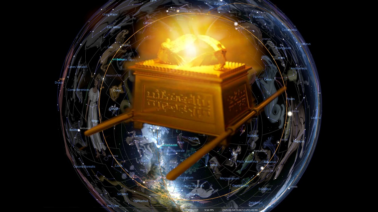 A celestial depiction featuring a bright, glowing object within a golden ark, superimposed over a detailed astronomical map of the heavens. The map includes constellation names and the positions of various celestial bodies like stars and planets, rendered against the backdrop of Earth.