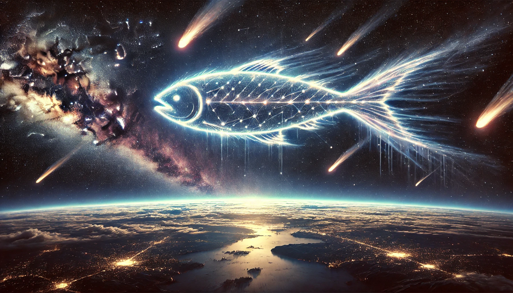 An artistic depiction of a glowing celestial figure resembling a fish, illuminated with bright lines and surrounded by meteor showers, set against a vivid starry sky and the Earth's illuminated night-side below.