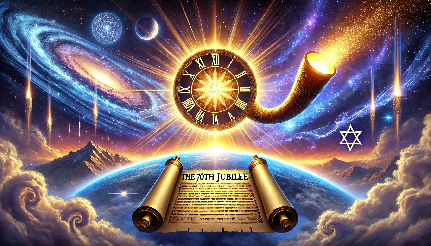 A vibrant cosmic scene illustrating a grand celestial clock with Roman numerals amidst a vivid galactic backdrop, featuring swirling galaxies, luminous celestial bodies, and trails of meteors. Prominent in the foreground is a beautifully detailed scroll titled 