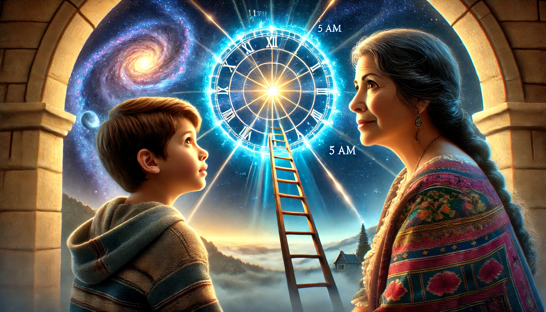 A young boy and an older woman gaze in awe at a celestial display featuring a vibrant galaxy and a luminous clock with roman numerals, set against a backdrop of stars and a spiral galaxy. The scene is framed by a stone archway, under which a ladder extends toward the glowing center of the clock. In the distance, a misty landscape with a small house is visible.