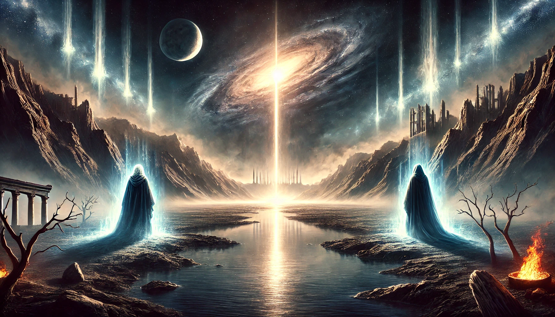 A dramatic celestial event illuminates a mystical landscape, featuring a swirling galaxy center emitting brilliant beams of light across a dark sky studded with stars. In the foreground, a figure in a dark cloak stands before a serene body of water reflecting the cosmic spectacle. Rocky terrains, ancient ruins, and fires complete this otherworldly scene beneath a visible moon.