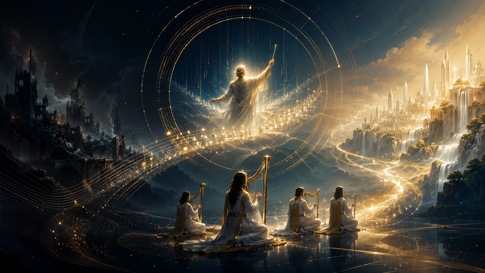 A celestial scene depicting a radiant figure in flowing robes, standing on clouds and directing musical notes that flow through the air. In the foreground, several figures dressed in white robes are playing harps, positioned in a serene landscape adorned with waterfalls and shining structures in the distance, illuminated by a golden light.