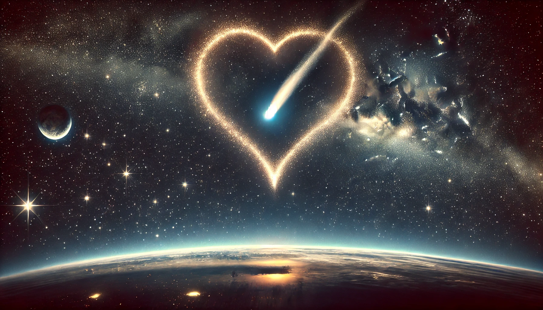 A celestial composition displaying an array of astronomical phenomenon including a vibrant heart-shaped nebula formed by stardust, centered around a blazing comet, with a backdrop of twinkling stars. To the lower left, a planet bathed in sunlight hovers above a horizon that glows at the edge of a terrestrial body.