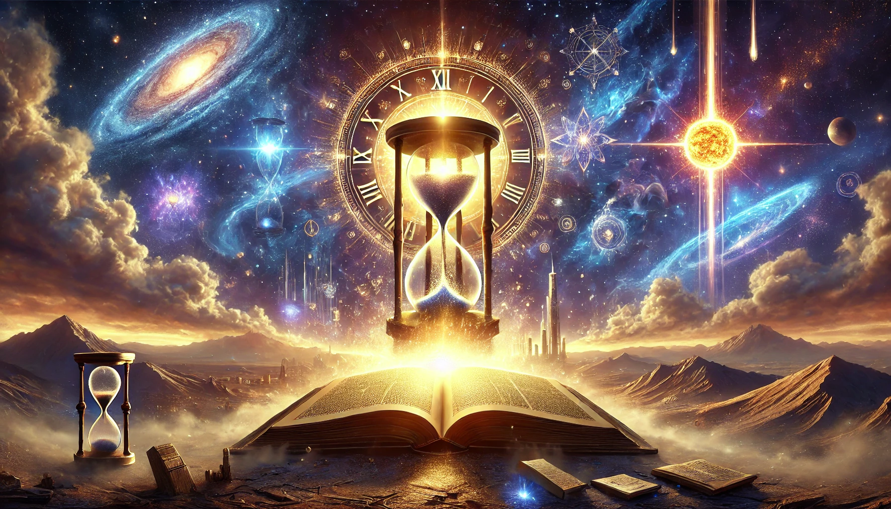 A fantastical cosmic scene featuring a spiraling galaxy, celestial bodies, and nebulae in a vivid night sky, anchored by a prominent hourglass positioned atop an open book with mountains and nebulous clouds in the foreground. Symbols that can be perceived as part of the Mazzaroth are subtly integrated into the surrounding cosmos.