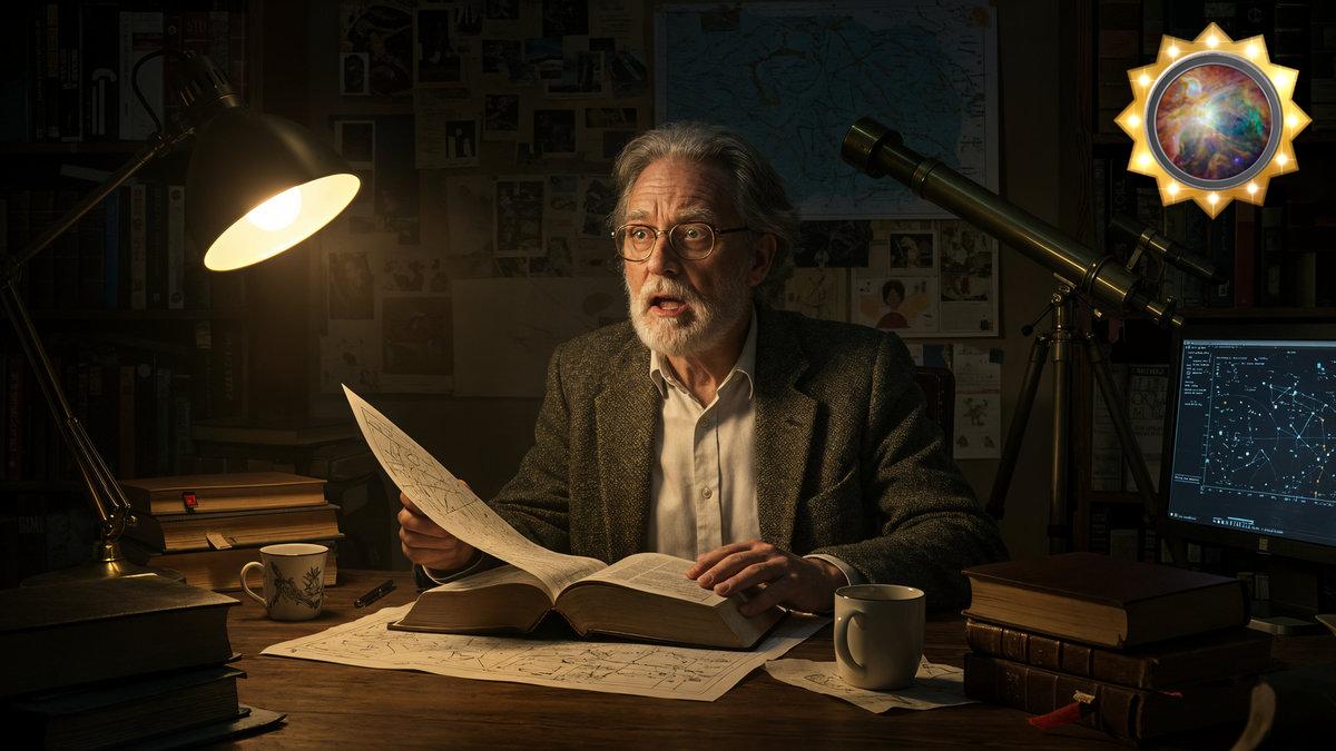 An elderly scholar with gray hair and glasses studies celestial maps and scientific texts in a dimly lit study filled with books and a small telescope. A star-shaped light illuminates a representation similar to those found in Mazzaroth themes atop the image.