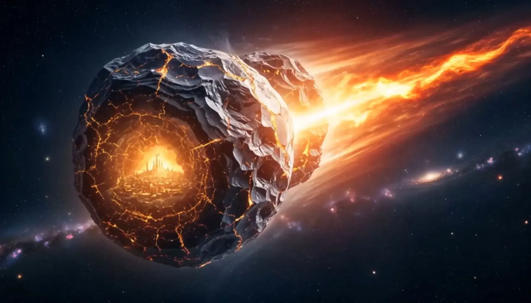 A celestial body with a cracked surface glowing with fiery orange light, revealing a radiant cityscape within, set against a star-studded cosmic backdrop with a swirling nebula.