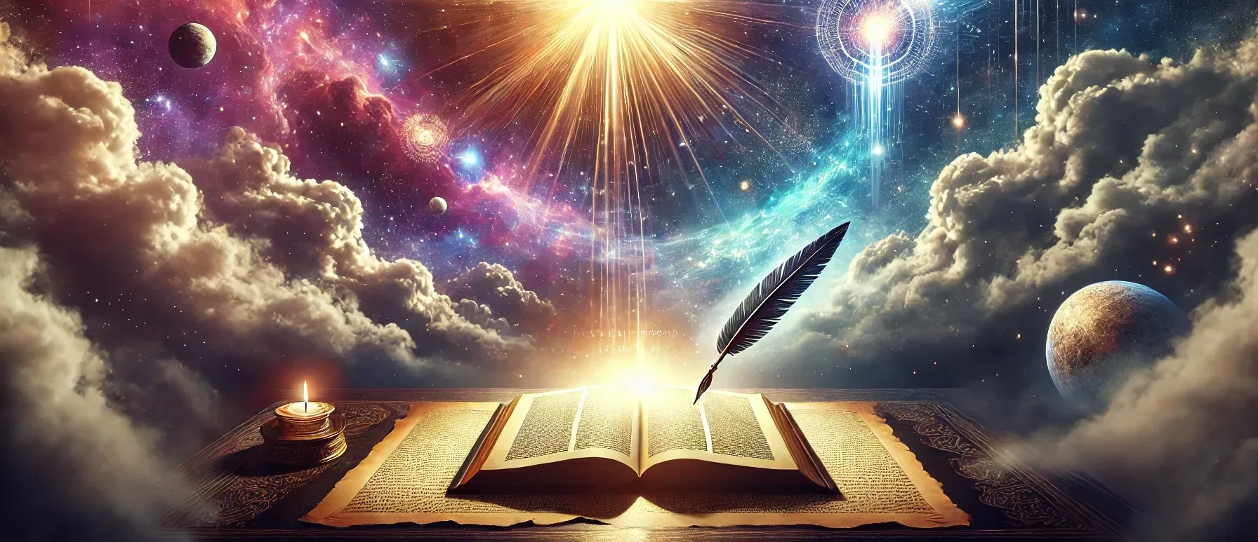 A fantastical depiction featuring an open book with a feather quill on a celestial background overlaid with vibrant nebulas, glowing planets, and a radiant burst of light. A candle illuminates the book, suggesting a theme of enlightenment and exploration of the cosmos.